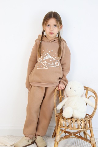 3 İp Baskılı Kapüşonlu Şardonlu İkili Takım Kahverengi