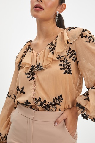 Kadın Fırfırlı Çiçek Desenli Gömlek - Volanlı Kol Ve V Yaka Detaylı Siyah-bej