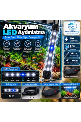 Akvaryum Işığı - Balık Işığı - Tamamen Su İçinde Kullanılabilir - 16 Cm - 6 Led - Mavi Beyaz - Açma Kapatma Tuşlu - 3w - Güçlü Işık