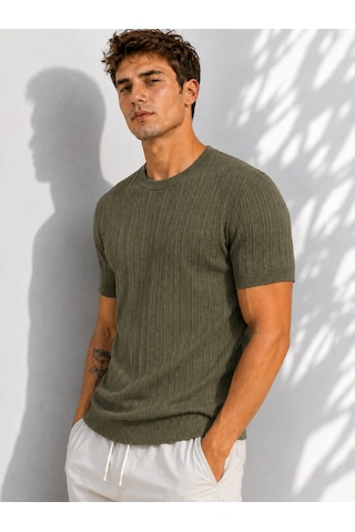 Ribana Erkek Bisiklet Yaka Kısa Kollu Esnek Örme Triko T-shirt 26091 Haki
