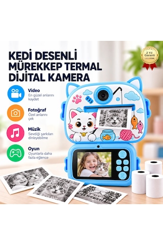 BLUE-5 Anında Baskılı Çocuk Fotoğraf Makinesi ,kedi Desenli, Mürekkepsiz Termal Baskılı Dijital Kamera -1803