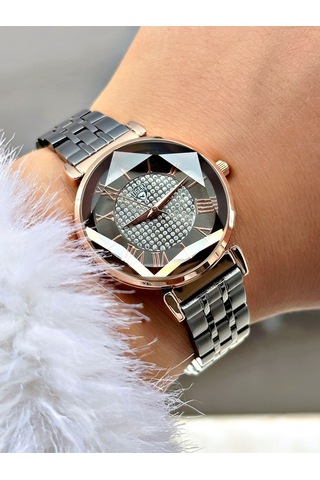 Romen Rakamlı Kesme Cam Kadın Kol Saati Siyah