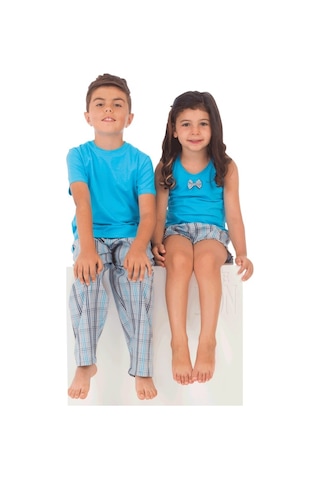 The Don Aile Turkuaz Gri-Lacivert Ekose Erkek Çocuk Pijama Takımı