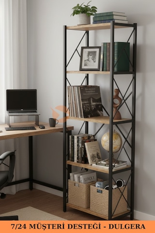 Fifty 5 Raflı Metal Dar Tekli Kitaplık Dosya Ofis Salon Rafı 150 Cm Çam