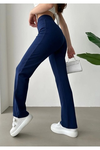 Unika Boutique Kadın Yüksek Lastikli Bel Nervür Dikişli Dekoratif Düğmeli Çimalı İspanyol Paça Palazzo Pantolon Lacivert