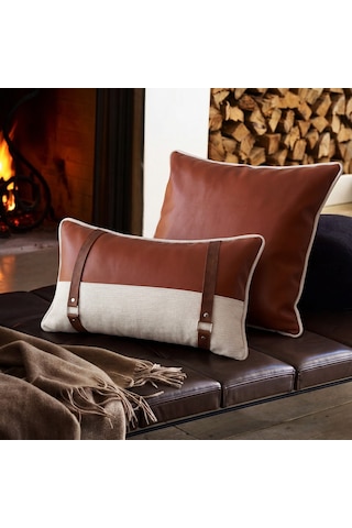 "charm" Dokulu Deri Kırlent Kılıfı - 45x45 Taba - Krem