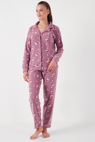 Lela Standart Fit Düğmeli Polarlı Bayan Pijama Takımı 6095615 Lila