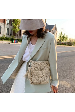 Fastbuy Bej Kağıt Ip Örgü Çapraz Askılı Çanta - El Yapımı Desenli Tatil Plaj Çantası Bej Bej