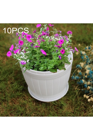Sones 10 Adet Taklit Ahşap Fıçı Plastik Reçine Saksı Tepsili, Üst Çap: 16cm, Yükseklik: 13.5cm Beyaz