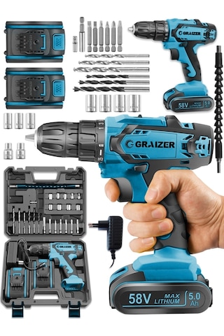 Graizer GTX-58 58V 5Ah Li-ion Çift Akülü Darbeli Vidalama Matkap Mavi + 27 Parça Set