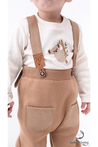 Bebicix Triko Askılı Koala Temalı Kaşkorse Esnek Badili Bereli Unisex Bebek Takım Sütlü Kahve