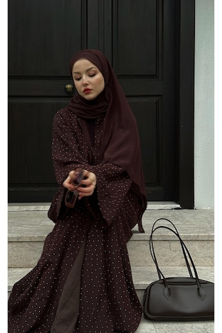 Şakika Shine Taşlı Abaya Ferace & Şal - Standart Beden & Farklı Boy Kahverengi