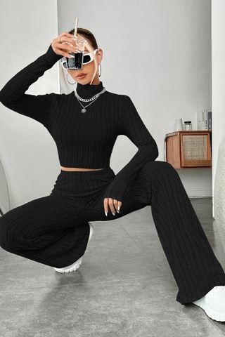 Epilons Zenviaatt2 Kadın Siyah Boğazlı Crop Top Ve Yüksek Bel Eşofman Takımı Spor Şık Kombin Zenvi312