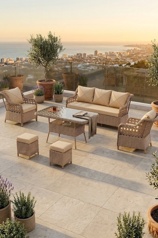 Anemon Serisi 3+1+1+2 Puf Cappucino Rattan Cappucino Minder Bahçe Balkon Oturma Koltuk Takımı