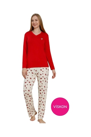 Kadın V Yaka Düğmesiz Mantar Desen Likralı Viskon Mevsimlik Uzun Kol Pijama Takımı Kırmızı