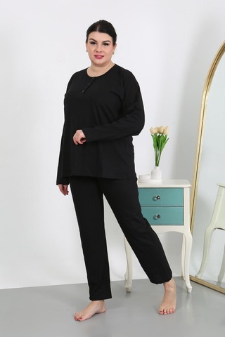 Akbeniz Kadın Büyük Beden Uzun Kol Penye Pijama Takımı Siyah 202501 Siyah