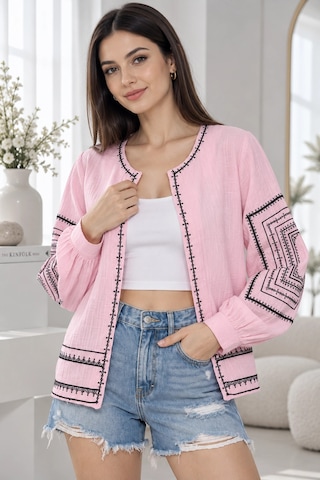 Mevese Kadın Nakış İşlemeli Müslin Kumaş Yazlık Ceket - Toz Pembe