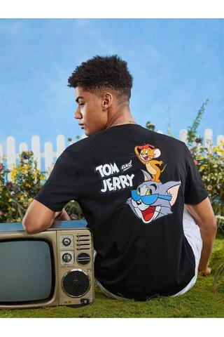 Flood Of Style Unisex Siyah Tom And Jery Baskılı Oversize