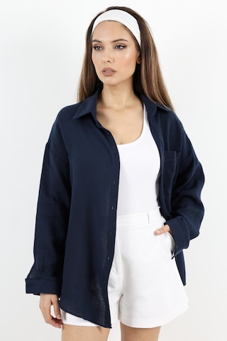 Ritnice Kadın Yumuşak Kadın Yumuşak Müslin Kumaş Uzun Lacivert Oversize Gömlek Lacivert