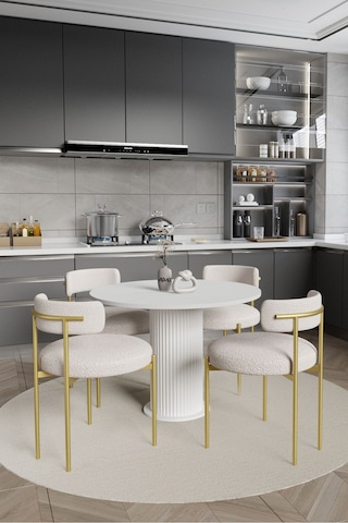 Avvio Armony Ptt Lake Mdf Ayak 4'lü Teddy Sandalye 90x90 Masa Sandalye Takımı Sandalye Bukle Kumaş Beyaz