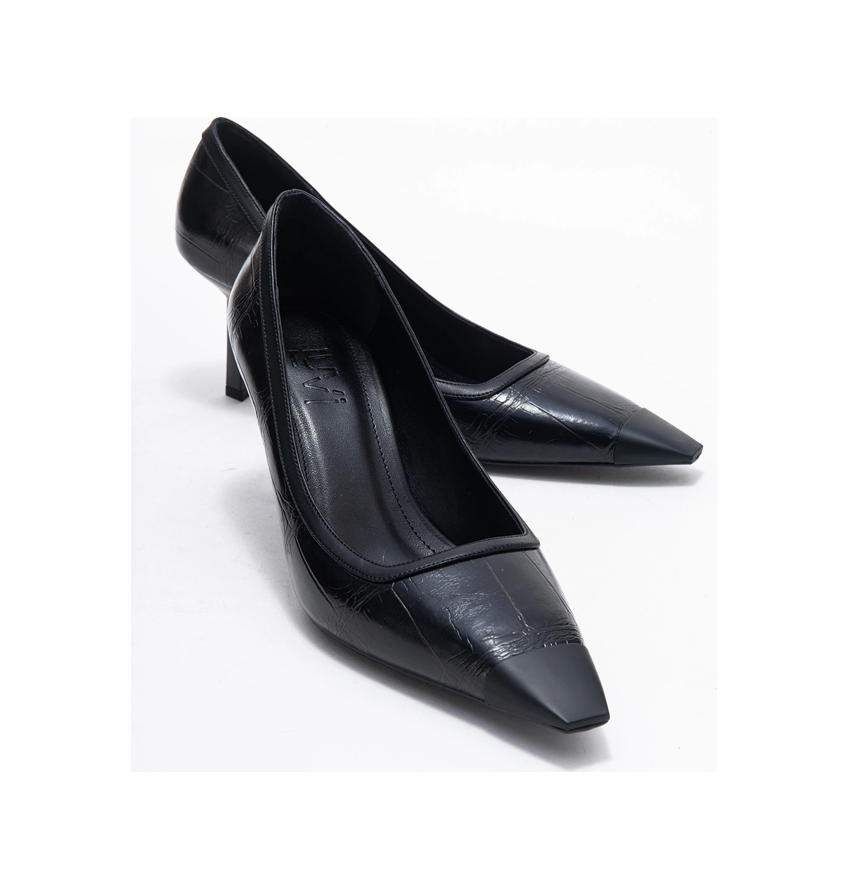 Rona Siyah Baskı Mat Burunlu Kadın Topuklu Ayakkabı Siyah