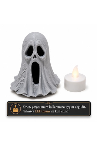Dekoratif 3d Baskı Hayalet Mumluk Halloween Korku Temalı Ghost Biblo Led Mumluk Açık Gri
