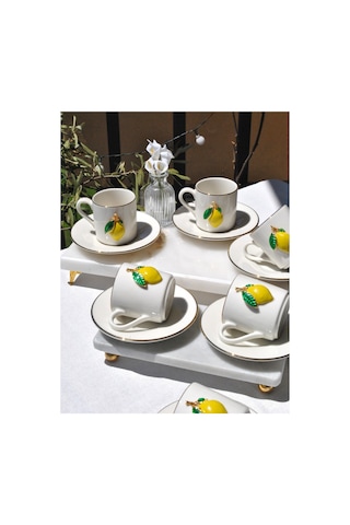 6 Kişilik Yaldızlı Porselen Limonlu Kahve Fincanı Gold Limon Dekorlu Kahve 90 Ml