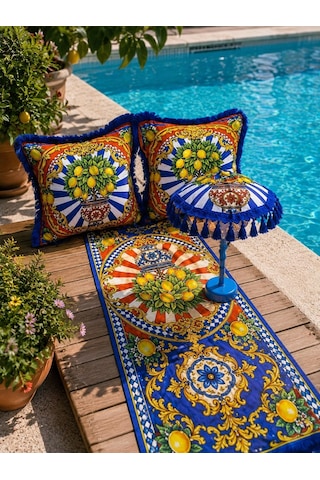 Missidea Limona Blue Bohem Ledli Bali Şemsiyesi Seti Led'li Şemsiye + 2 Adet Kırlent + Runner Mavi