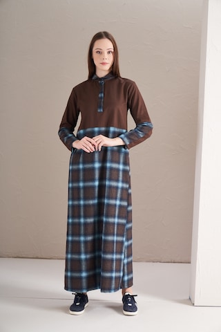Blok Elbise Büyük Kareli Laci Kahve Laci Kahverengi - Lacivert