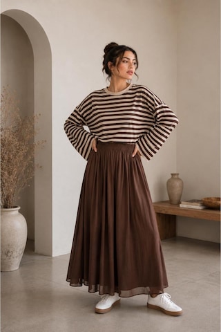 Herkesemoda Çizgili Waffle Kumaş Kadın Body Kahverengi