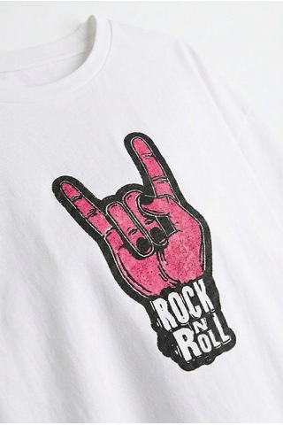 Kadın Oversize Tişört Rock Nroll Baskılı Beyaz