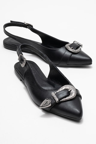 Dorothy Siyah Hakiki Deri Tokalı Sivri Burunlu Kadın Sandalet Siyah
