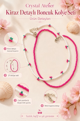 Crystal Atelier 2'li Pembe Kiraz Boncuk Kolye Seti El Yapımı Kum Boncuk Beyaz Pembe İkili Choker Kombini Meyve Temalı Hediyelik Kolye Pembe - Beyaz