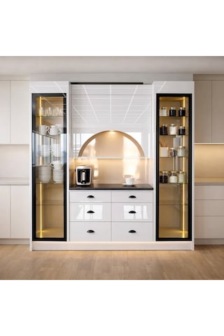 Lüks High Gloss Mutfak Dolabı & Kahve Köşesi Mdf Gövde, Led Aydınlatmalı, 6 Çekmeceli 190x230 Beyaz