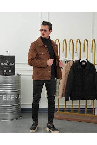 Modefendi Yüksek Kalite Desenli Yarım Oversize Nubuk Mont Kahverengi