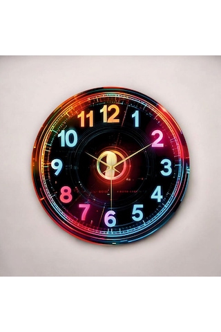 Dijital Görünümlü Neon Renkli Baskı Desenli Sayılı Hediyelik Ahşap Sessiz Duvar Saati 50cm ÇOk Renkli
