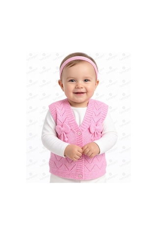 Bebegen Lüx Pembe Kurdeleli Kız Bebek Triko Yelek Çok Renkli