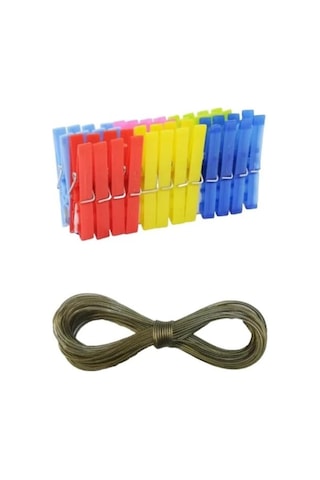 Smaerizi Plastik Çamaşır Mandalı 24 Adet+10mt Çelik Çamaşır Ipi Teli-2 Li Set Açık Ahşap