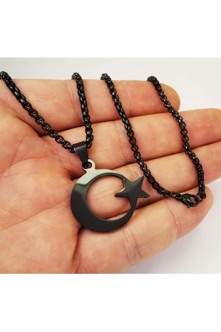 Siyah Ay Yıldız Bayrak Çelik Erkek Kolye Zincir - Sevgiliye - Eşe- Babaya - Arkadaşa Kolye