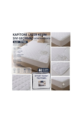 Lazer Kesim Kapitone Sıvı Geçirmez Yatak Alezi Yatak Koruyucu Battal Bot 180x200 Beyaz
