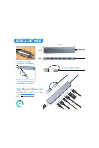 Dizüstü Bilgisayar İçin Usb C Hub, Usb 3.0 Hub, 7 İn 1 Usb-c