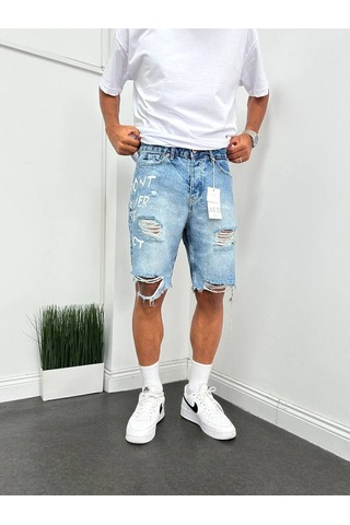 Boyfriend Yırtık Detaylı Baskılı Kot Kapri Şort Mavi