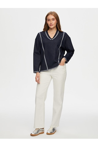Faik Sönmez V Yaka Ters Dikiş Detaylı Sweatshirt W26swt002 Uw26swt00227 İndigo