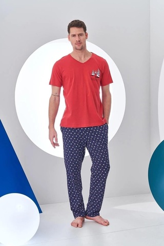 Pjs 24307 Erkek Bordo V Yaka Yelken Baskılı Kısa Kol Pijama Takımı Bordo