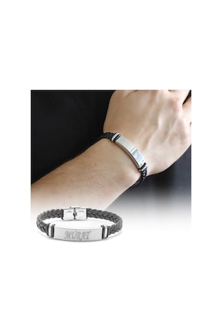 Nipora Kişiye Özel Isim Yazılı Çelik-Deri Bileklik Model-2 Siyah