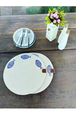 2'li Set Balıklar İşlemeli Amerikan Servis-leke Tutmaz Natural 33 Cm Beyaz