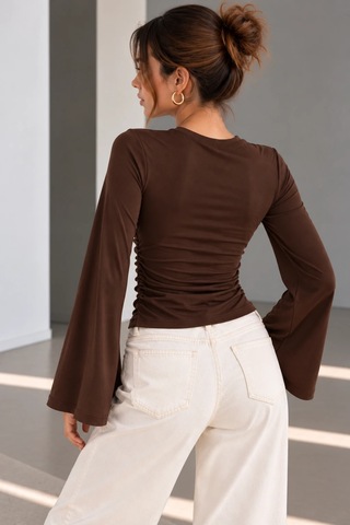 Bb Butik Basic Yan Büzgülü İspanyol Kol Basic Kadın Bluz My3535 kahverengi