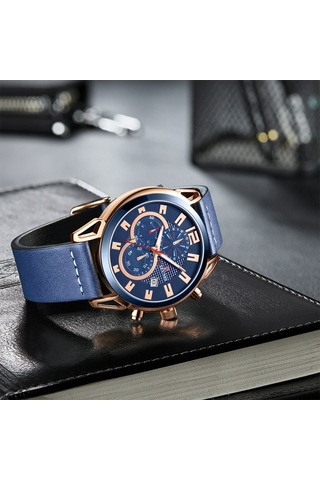 Mızums Erkek İş Saati Moda Alaşımlı Kasa Deri Bantlı Saat Zarif 3 Atm Su Geçirmez Kuvars Bilek Saati Gül Altın Kasa Mavi Yüzeyli Diğer