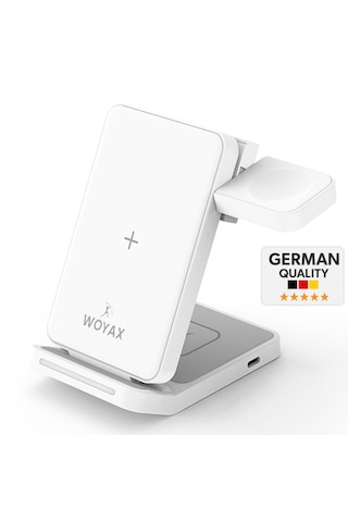 Woyax Wireless Kablosuz Şarj Standı Katlanabilir Huawei Watch Apple Uyumlu iPhone Android Telefon Saat Kulaklık Uyumlu 3in1 Beyaz