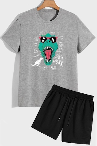Uyguntarz Dinazor Baskılı Şort T-shirt Eşofman Takımı Gri